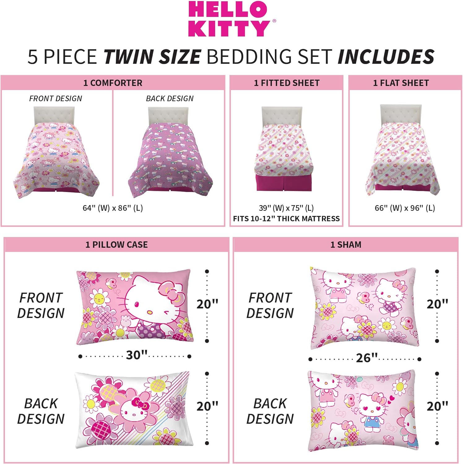 Franco Barbie Barbiecore Bedding Super Soft Comforter and Sheet Set with Sham 5 Piece Twin Size College Dorm Essentials Official Licensed ProductHello Kitty  Rainbow Garden 5 Piece Twin Size