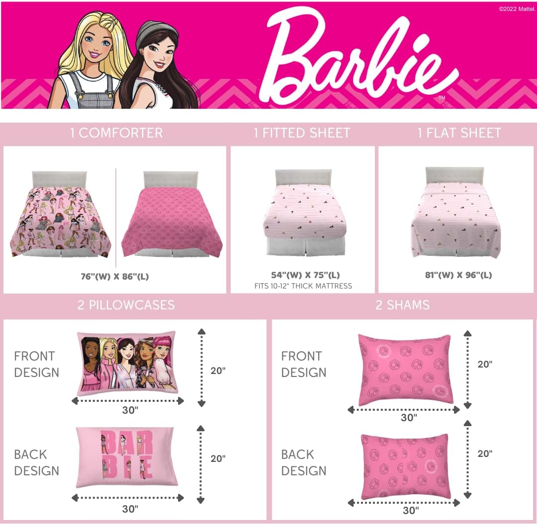 Franco Barbie Barbiecore Bedding Super Soft Comforter and Sheet Set with Sham 7 Piece Full Size Official Licensed ProductFranco Barbie Barbiecore Bedding Super Soft Comforter and Sheet Set with Sham 7 Piece Full Size Official Licensed Product