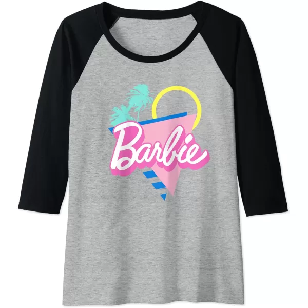 Barbie 90s Retro Logo  Bright Pink Raglan Baseball TeeBlackAthletic Heather