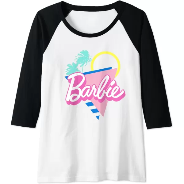 Barbie 90s Retro Logo  Bright Pink Raglan Baseball TeeBlackWhite