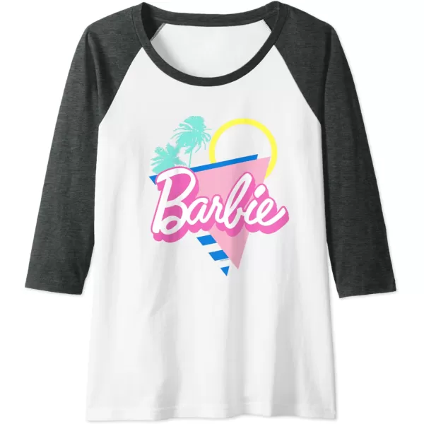 Barbie 90s Retro Logo  Bright Pink Raglan Baseball TeeDark Heather GreyWhite