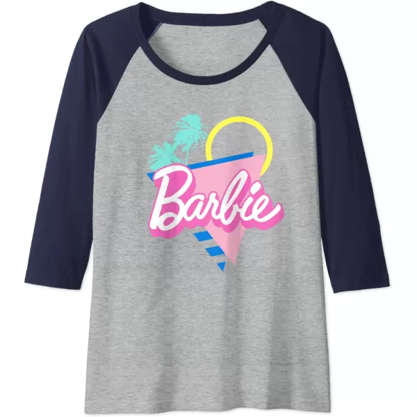 Barbie 90s Retro Logo  Bright Pink Raglan Baseball TeeNavy BlueAthletic Heather