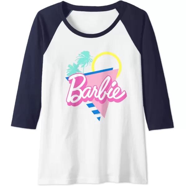 Barbie 90s Retro Logo  Bright Pink Raglan Baseball TeeNavy BlueWhite