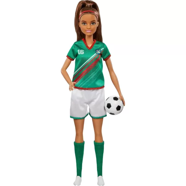 Barbie Careers Fashion Doll ampamp Accessory Soccer Player with Brunette Ponytail 16 Uniform Tall Socks Cleats ampamp Soccer BallMulticolor