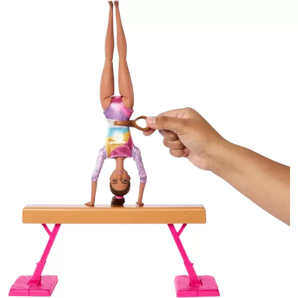 Barbie Careers Playset Gymnastics Set with Brunette Gymnast Fashion Doll CClip for Flipping Action Balance Beam WarmUp Suit ampamp AccessoriesBrunette