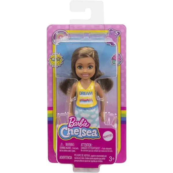 Barbie Chelsea Doll 6inch Brunette Wearing Skirt with Cloud Print and White Shoes Gift for 3 to 7 Year OldsBarbie Chelsea Doll 6inch Brunette Wearing Skirt with Cloud Print and White Shoes Gift for 3 to 7 Year Olds