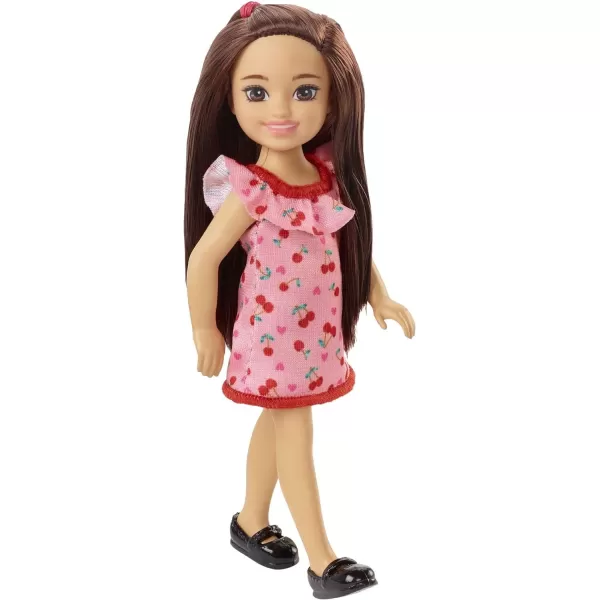 Barbie Chelsea Doll Brunette Wearing Ruffled CherryPrint Dress and Black Shoes Toy for Kids Ages 3 Years Old amp UpBarbie Chelsea Doll Brunette Wearing Ruffled CherryPrint Dress and Black Shoes Toy for Kids Ages 3 Years Old amp Up