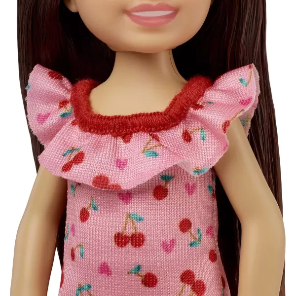 Barbie Chelsea Doll Brunette Wearing Ruffled CherryPrint Dress and Black Shoes Toy for Kids Ages 3 Years Old amp UpBarbie Chelsea Doll Brunette Wearing Ruffled CherryPrint Dress and Black Shoes Toy for Kids Ages 3 Years Old amp Up