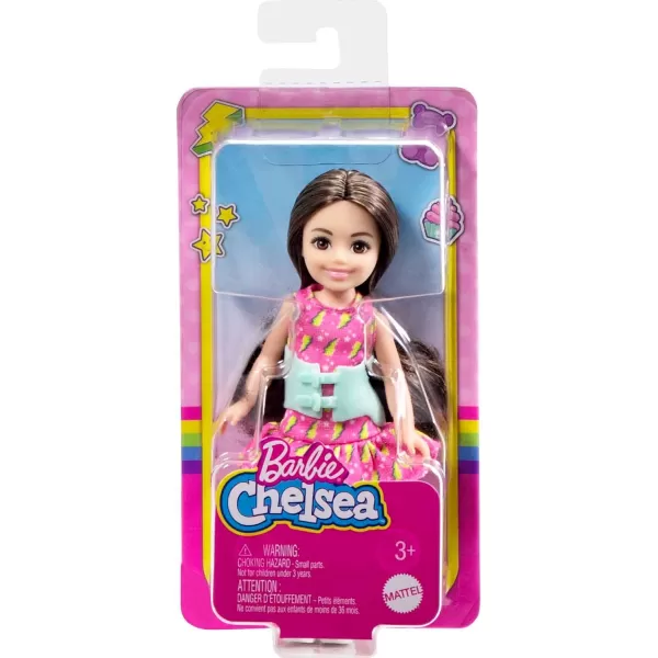 Barbie Chelsea Doll Small Doll with Brace for Scoliosis Spine Curvature Brunette Wearing Pink Lightning Bolt DressBarbie Chelsea Doll Small Doll with Brace for Scoliosis Spine Curvature Brunette Wearing Pink Lightning Bolt Dress