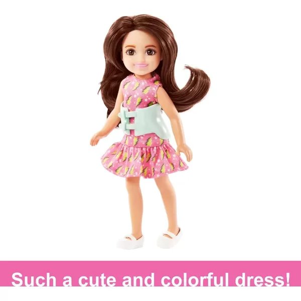 Barbie Chelsea Doll Small Doll with Brace for Scoliosis Spine Curvature Brunette Wearing Pink Lightning Bolt DressBarbie Chelsea Doll Small Doll with Brace for Scoliosis Spine Curvature Brunette Wearing Pink Lightning Bolt Dress