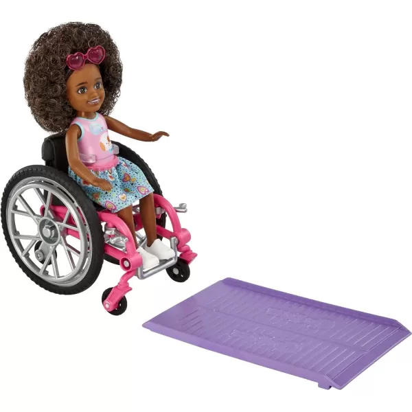 Barbie Chelsea Doll amp Wheelchair with Moving Wheels Ramp Sticker Sheet amp Accessories Small Doll with Curly Brown HairBrunette Mulicolor