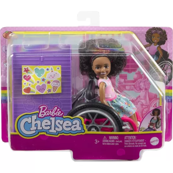 Barbie Chelsea Doll amp Wheelchair with Moving Wheels Ramp Sticker Sheet amp Accessories Small Doll with Curly Brown HairBrunette Mulicolor