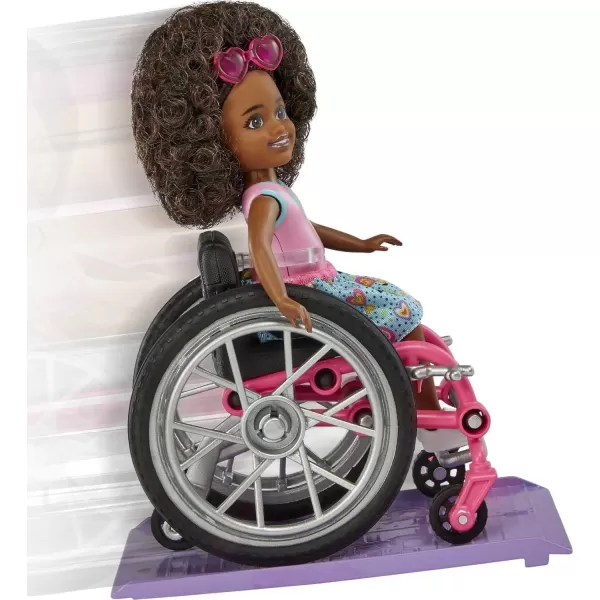 Barbie Chelsea Doll amp Wheelchair with Moving Wheels Ramp Sticker Sheet amp Accessories Small Doll with Curly Brown HairBrunette Mulicolor