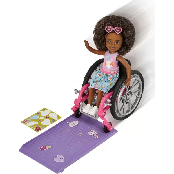 Barbie Chelsea Doll amp Wheelchair with Moving Wheels Ramp Sticker Sheet amp Accessories Small Doll with Curly Brown HairBrunette Mulicolor