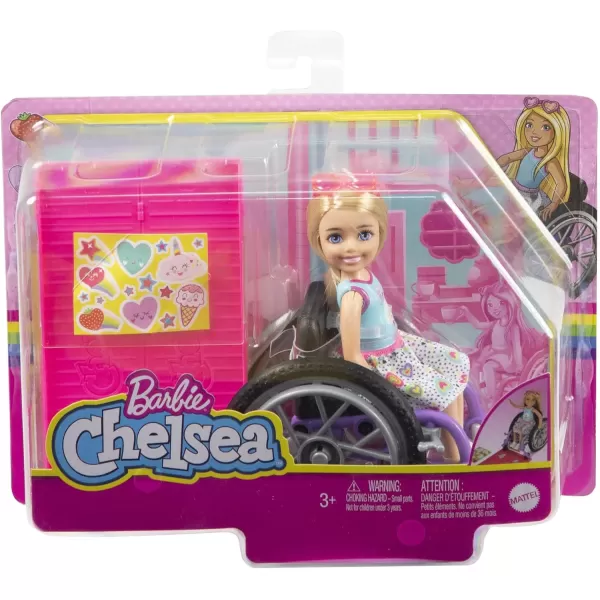 Barbie Chelsea Doll amp Wheelchair with Moving Wheels Ramp Sticker Sheet amp Accessories Small Doll with Curly Brown Hairblonde Mulicolor