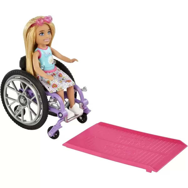 Barbie Chelsea Doll amp Wheelchair with Moving Wheels Ramp Sticker Sheet amp Accessories Small Doll with Curly Brown Hairblonde Mulicolor