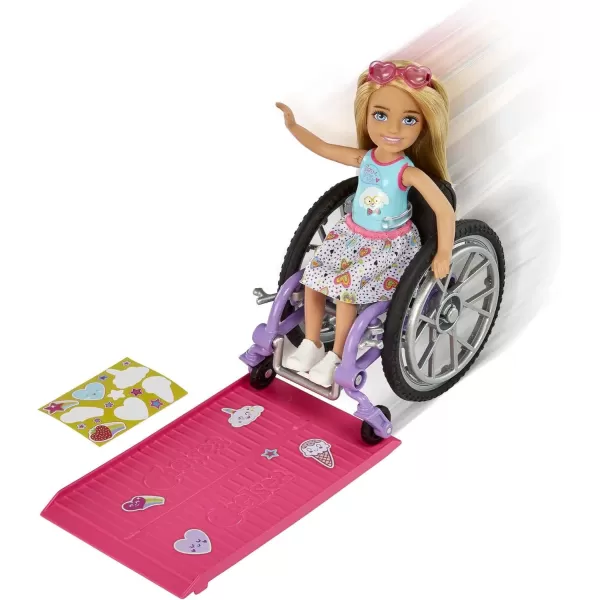 Barbie Chelsea Doll amp Wheelchair with Moving Wheels Ramp Sticker Sheet amp Accessories Small Doll with Curly Brown Hairblonde Mulicolor