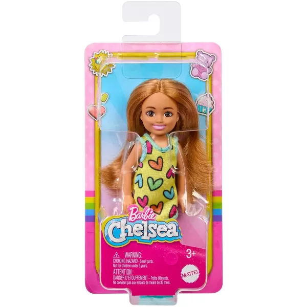 Barbie Chelsea Small Doll in Yellow HeartPrint Dress ampamp Blue Sneakers with Blonde Ponytail ampamp Blue EyesHearts