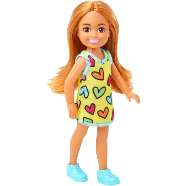 Barbie Chelsea Small Doll in Yellow HeartPrint Dress ampamp Blue Sneakers with Blonde Ponytail ampamp Blue EyesHearts