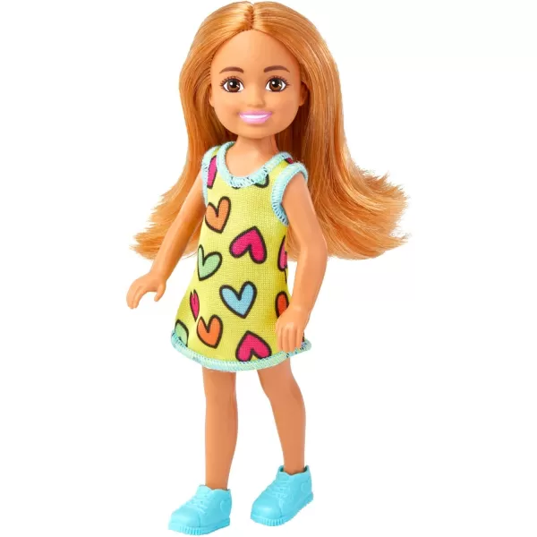 Barbie Chelsea Small Doll in Yellow HeartPrint Dress ampamp Blue Sneakers with Blonde Ponytail ampamp Blue EyesHearts