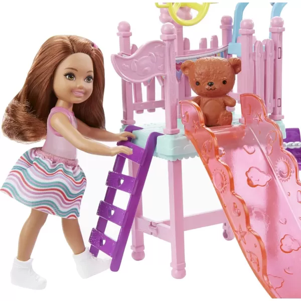 Barbie Club Chelsea Doll and Swing Set Playset with 2 Swings and Slide Plus Teddy Bear Figure Gift for 3 to 7 Year OldsBarbie Club Chelsea Doll and Swing Set Playset with 2 Swings and Slide Plus Teddy Bear Figure Gift for 3 to 7 Year Olds