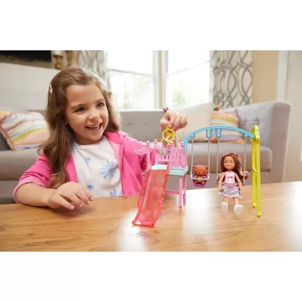 Barbie Club Chelsea Doll and Swing Set Playset with 2 Swings and Slide Plus Teddy Bear Figure Gift for 3 to 7 Year OldsBarbie Club Chelsea Doll and Swing Set Playset with 2 Swings and Slide Plus Teddy Bear Figure Gift for 3 to 7 Year Olds