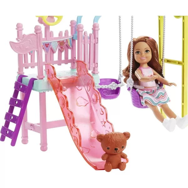 Barbie Club Chelsea Doll and Swing Set Playset with 2 Swings and Slide Plus Teddy Bear Figure Gift for 3 to 7 Year OldsBarbie Club Chelsea Doll and Swing Set Playset with 2 Swings and Slide Plus Teddy Bear Figure Gift for 3 to 7 Year Olds