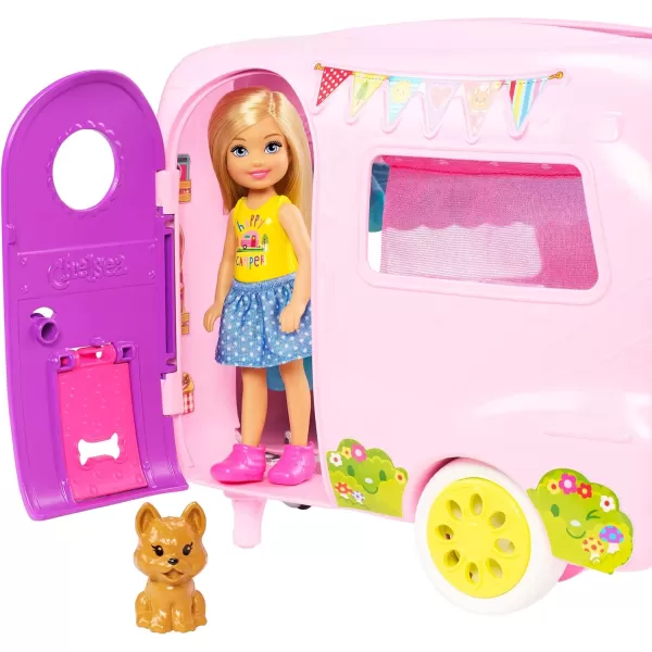 Barbie Club Chelsea Toy Car amp Camper Playset Blonde Chelsea Small Doll Puppy amp 10 Accessories Unhitch amp Open for CampsiteStandard Multi