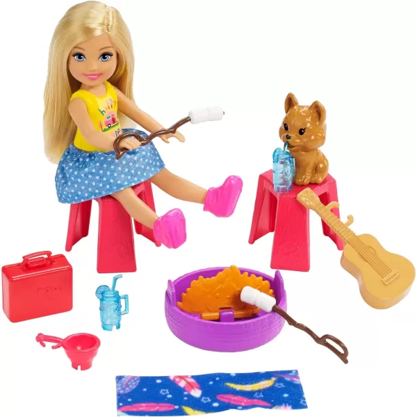 Barbie Club Chelsea Toy Car amp Camper Playset Blonde Chelsea Small Doll Puppy amp 10 Accessories Unhitch amp Open for CampsiteStandard Multi