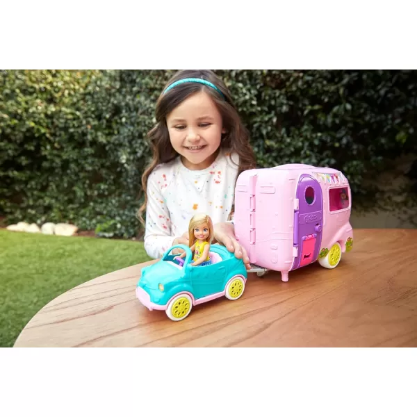 Barbie Club Chelsea Toy Car amp Camper Playset Blonde Chelsea Small Doll Puppy amp 10 Accessories Unhitch amp Open for CampsiteStandard Multi