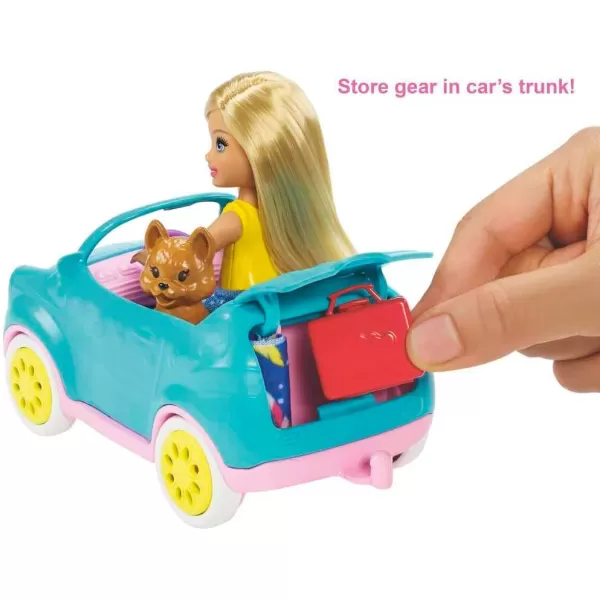 Barbie Club Chelsea Toy Car amp Camper Playset Blonde Chelsea Small Doll Puppy amp 10 Accessories Unhitch amp Open for CampsiteStandard Multi