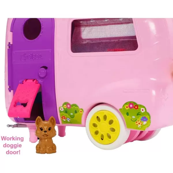 Barbie Club Chelsea Toy Car amp Camper Playset Blonde Chelsea Small Doll Puppy amp 10 Accessories Unhitch amp Open for CampsiteStandard Multi