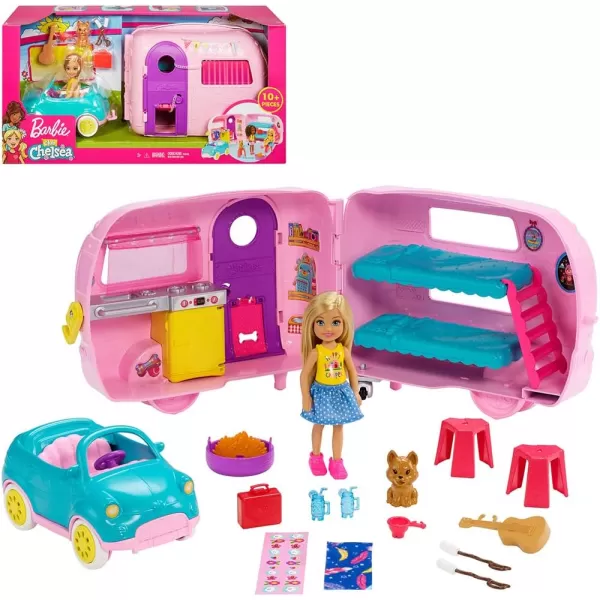 Barbie Club Chelsea Toy Car amp Camper Playset Blonde Chelsea Small Doll Puppy amp 10 Accessories Unhitch amp Open for CampsiteStandard Multi