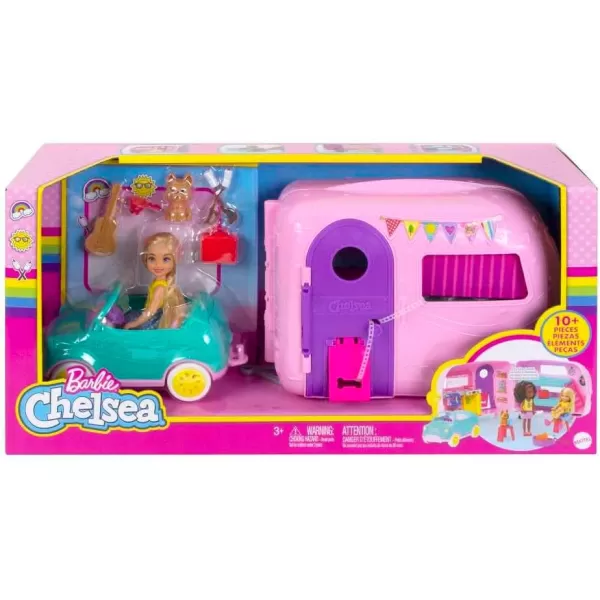 Barbie Club Chelsea Toy Car amp Camper Playset Blonde Chelsea Small Doll Puppy amp 10 Accessories Unhitch amp Open for CampsiteStandard Multi