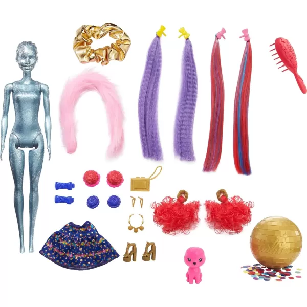 Barbie Color Reveal Glitter Hair Swaps Doll Glittery Pink with 25 Hairstyling amp PartyThemed Surprises Including 10 Plugin Hair Pieces Gift for Kids 3 Years Old amp UpBows