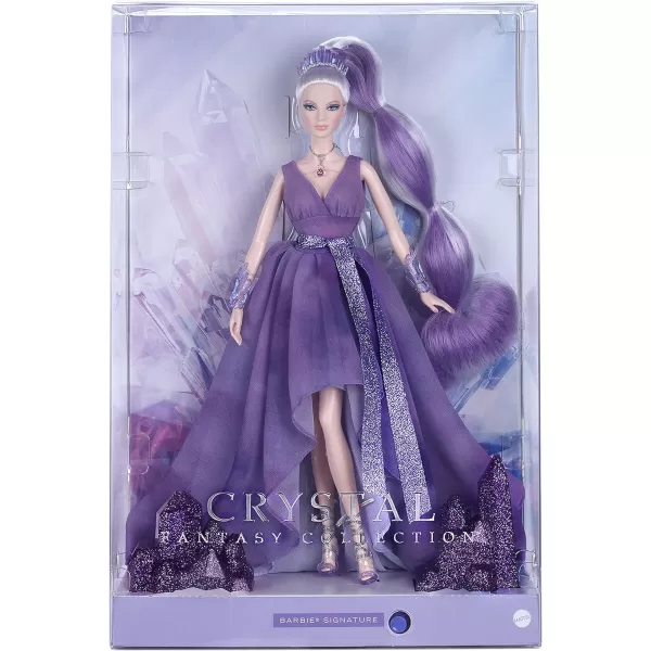 Barbie Crystal Fantasy Collection Amethyst Doll 13in Platinum Hair with Genuine Amethyst Stone Necklace Wearing Gown and Accessories Gift for CollectorsBarbie Crystal Fantasy Collection Amethyst Doll 13in Platinum Hair with Genuine Amethyst Stone Necklace Wearing Gown and Accessories Gift for Collectors