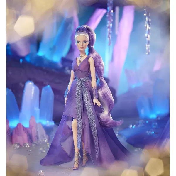 Barbie Crystal Fantasy Collection Amethyst Doll 13in Platinum Hair with Genuine Amethyst Stone Necklace Wearing Gown and Accessories Gift for CollectorsBarbie Crystal Fantasy Collection Amethyst Doll 13in Platinum Hair with Genuine Amethyst Stone Necklace Wearing Gown and Accessories Gift for Collectors