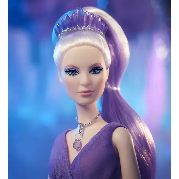 Barbie Crystal Fantasy Collection Amethyst Doll 13in Platinum Hair with Genuine Amethyst Stone Necklace Wearing Gown and Accessories Gift for CollectorsBarbie Crystal Fantasy Collection Amethyst Doll 13in Platinum Hair with Genuine Amethyst Stone Necklace Wearing Gown and Accessories Gift for Collectors