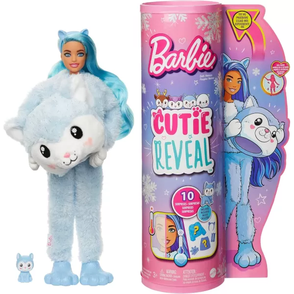 Barbie Cutie Reveal Doll Snowflake Sparkle Series Deer Plush Costume 10 Surprises Including Mini Pet amp Color ChangeHusky