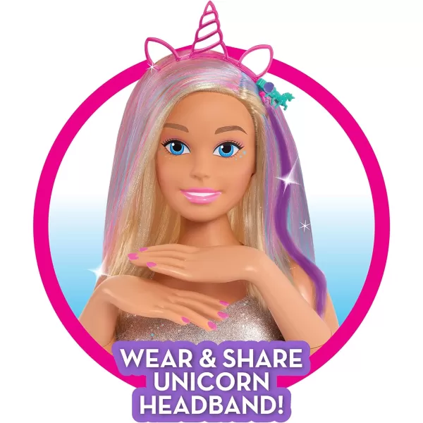 Barbie Deluxe 20Piece Glitter and Go Styling Head Blonde Hair and Unicorn Headband Kids Toys for Ages 5 Up by Just PlayBarbie Deluxe 20Piece Glitter and Go Styling Head Blonde Hair and Unicorn Headband Kids Toys for Ages 5 Up by Just Play