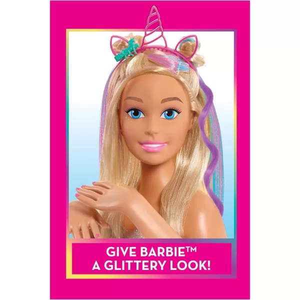 Barbie Deluxe 20Piece Glitter and Go Styling Head Blonde Hair and Unicorn Headband Kids Toys for Ages 5 Up by Just PlayBarbie Deluxe 20Piece Glitter and Go Styling Head Blonde Hair and Unicorn Headband Kids Toys for Ages 5 Up by Just Play