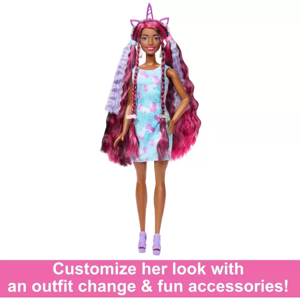 Barbie Doll Fun ampamp Fancy Hair with ExtraLong Colorful Black Hair and Shimmery Pink Dress 10 Hair and Fashion Play AccessoriesUnicorn