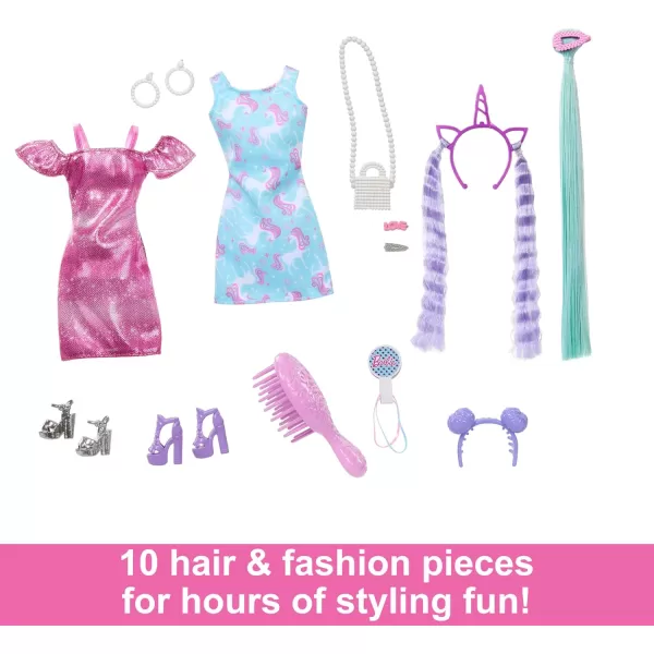 Barbie Doll Fun ampamp Fancy Hair with ExtraLong Colorful Black Hair and Shimmery Pink Dress 10 Hair and Fashion Play AccessoriesUnicorn