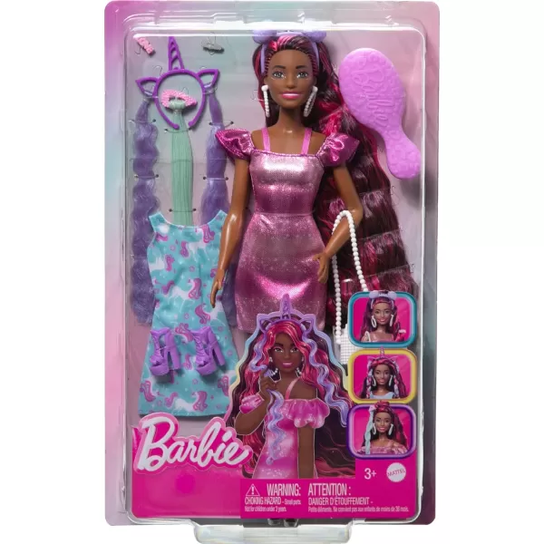 Barbie Doll Fun ampamp Fancy Hair with ExtraLong Colorful Black Hair and Shimmery Pink Dress 10 Hair and Fashion Play AccessoriesUnicorn
