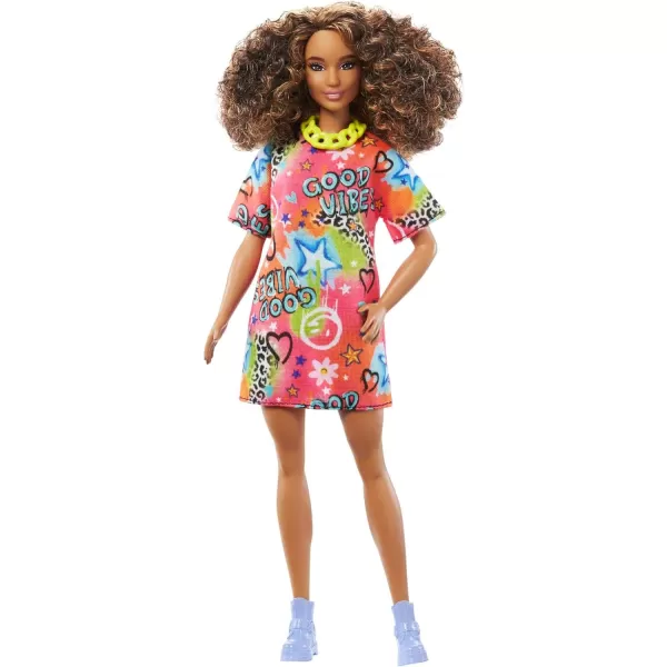 Barbie Doll Kids Toys Curly Black Hair and Petite Body Type Fashionistas Y2KStyle Clothes and AccessoriesGood Vibes TShirt Dress