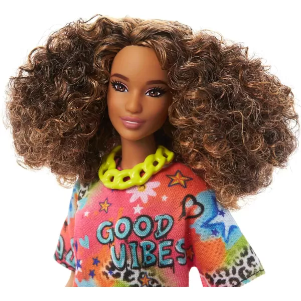 Barbie Doll Kids Toys Curly Black Hair and Petite Body Type Fashionistas Y2KStyle Clothes and AccessoriesGood Vibes TShirt Dress