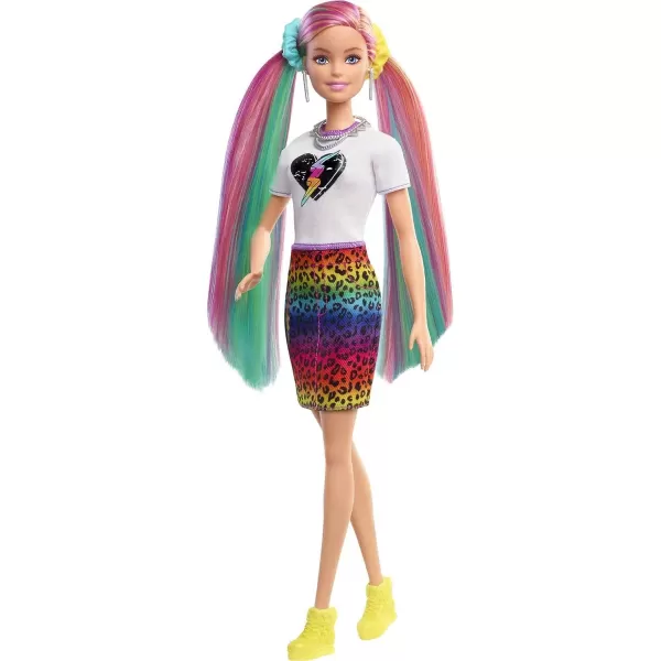 Barbie Doll Leopard Rainbow Hair with ColorChange Highlights amp 16 Styling Accessories Including Clothes Scrunchies Brush amp MoreBlue Eyes