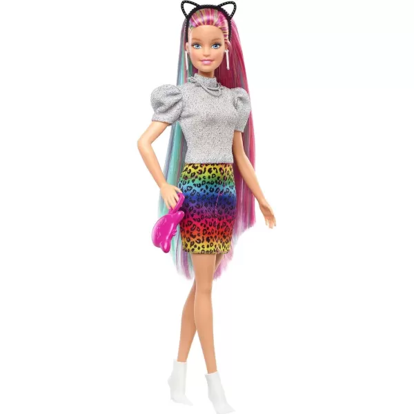 Barbie Doll Leopard Rainbow Hair with ColorChange Highlights amp 16 Styling Accessories Including Clothes Scrunchies Brush amp MoreBlue Eyes