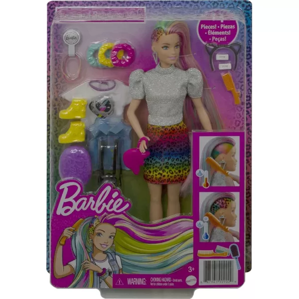 Barbie Doll Leopard Rainbow Hair with ColorChange Highlights amp 16 Styling Accessories Including Clothes Scrunchies Brush amp MoreBlue Eyes