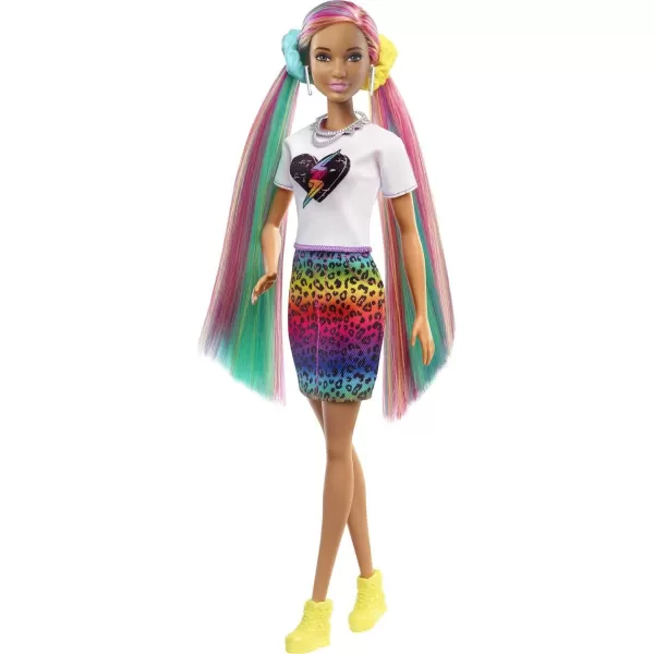 Barbie Doll Leopard Rainbow Hair with ColorChange Highlights amp 16 Styling Accessories Including Clothes Scrunchies Brush amp MoreBrown Eyes